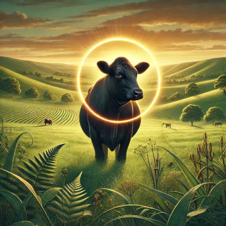A majestic black cow stands in a lush green pasture, surrounded by a golden glow. In the background, rolling hills and diverse vegetation depict regenerative agriculture. A warm sunset sky glows above, and a distant rancher tends to the land.