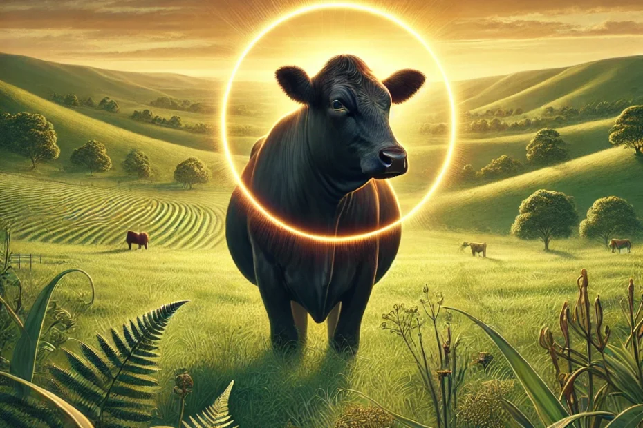 A majestic black cow stands in a lush green pasture, surrounded by a golden glow. In the background, rolling hills and diverse vegetation depict regenerative agriculture. A warm sunset sky glows above, and a distant rancher tends to the land.