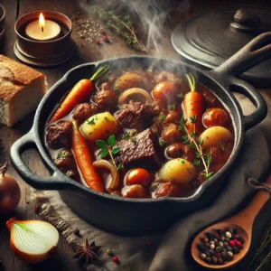 Rustic beef stew in a cast-iron pot filled with tender chunks of beef and colorful vegetables, steam rising, garnished with fresh herbs, on a warm wooden table.