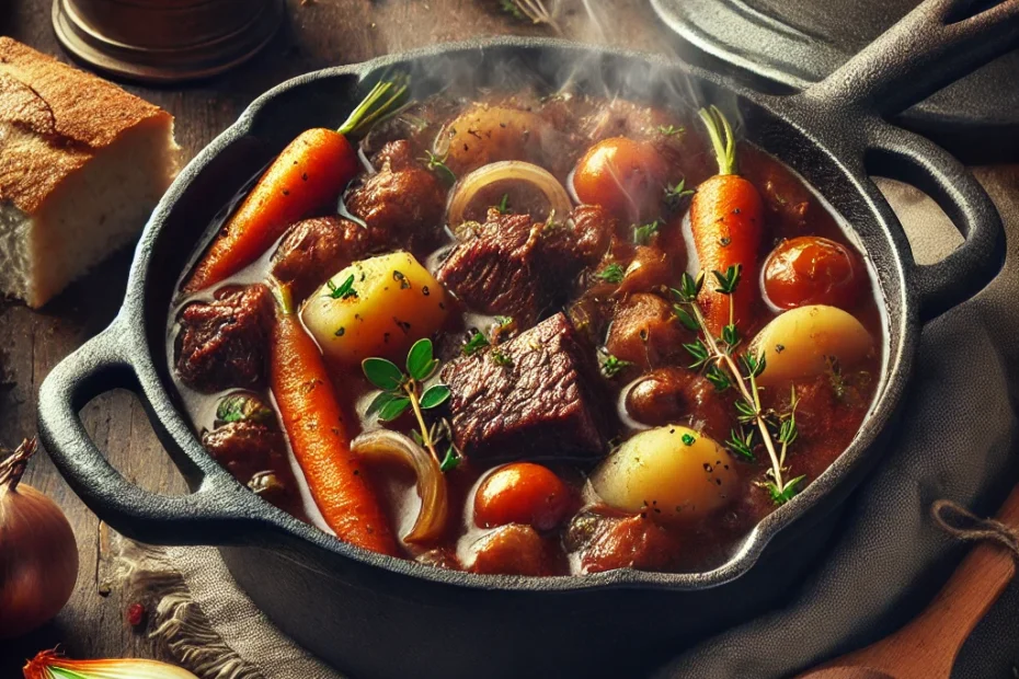 Rustic beef stew in a cast-iron pot filled with tender chunks of beef and colorful vegetables, steam rising, garnished with fresh herbs, on a warm wooden table.