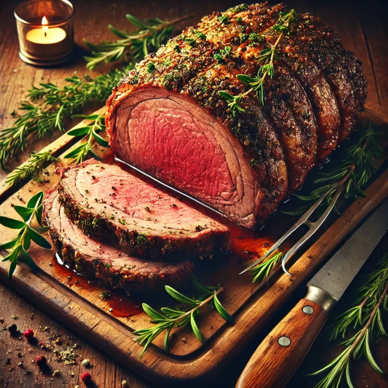 Herb-crusted prime rib roast on a wooden cutting board with slices cut to show its pink, juicy interior, surrounded by fresh rosemary and thyme, with a carving knife and fork beside it.