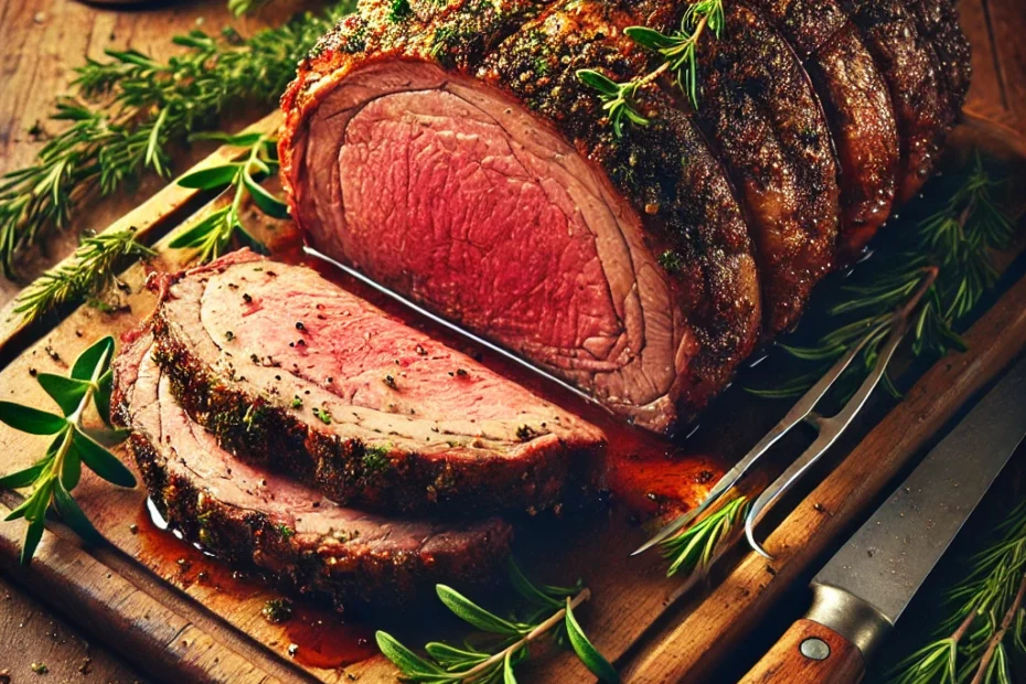 Herb-crusted prime rib roast on a wooden cutting board with slices cut to show its pink, juicy interior, surrounded by fresh rosemary and thyme, with a carving knife and fork beside it.