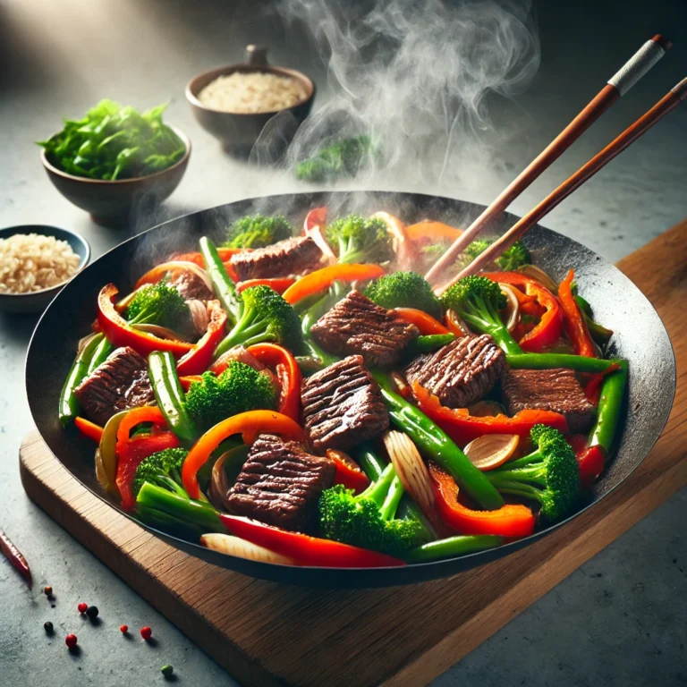 Colorful beef stir-fry in a sizzling wok with steam rising, featuring strips of seared beef, red bell peppers, green broccoli, orange carrots, with chopsticks diving into the dish, set on a modern kitchen counter.