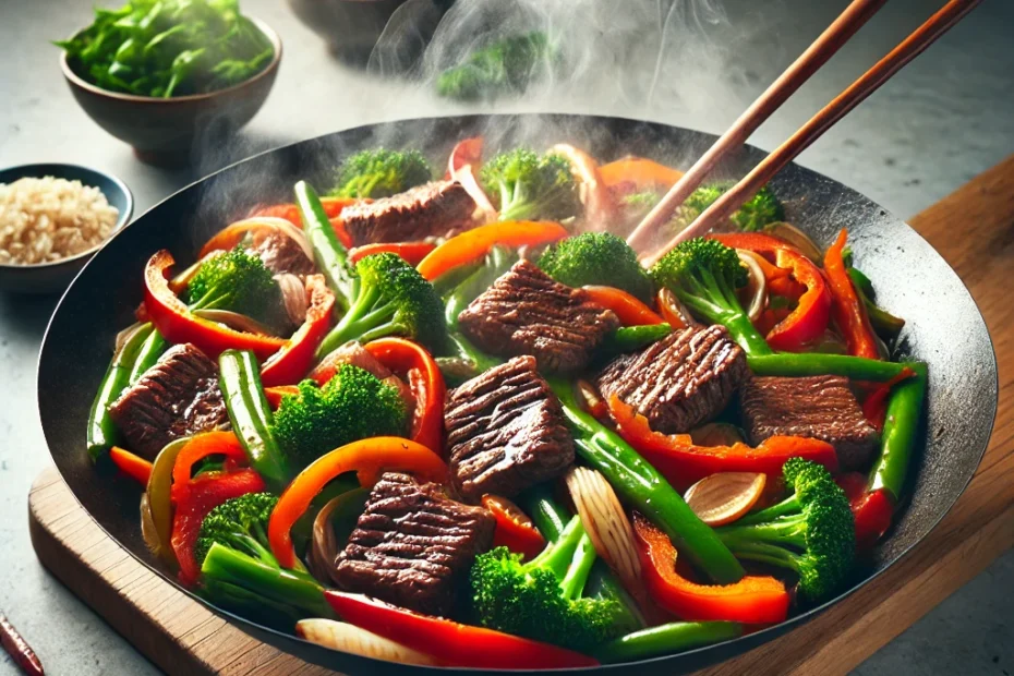 Colorful beef stir-fry in a sizzling wok with steam rising, featuring strips of seared beef, red bell peppers, green broccoli, orange carrots, with chopsticks diving into the dish, set on a modern kitchen counter.