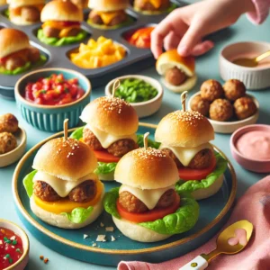 Colorful image of mini meatball sliders on patterned plates with melted cheese and toppings like lettuce and tomato, with a DIY topping bar and kid-friendly tools in the background, under natural lighting.