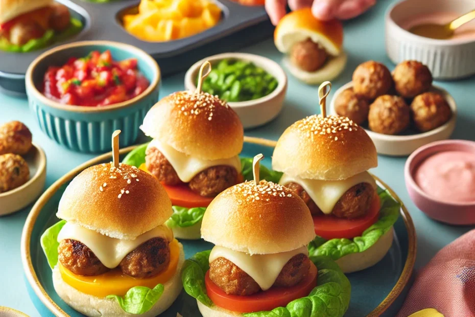 Colorful image of mini meatball sliders on patterned plates with melted cheese and toppings like lettuce and tomato, with a DIY topping bar and kid-friendly tools in the background, under natural lighting.