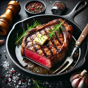 Perfectly cooked ribeye steak on a cast iron skillet with a pink medium-rare center, golden-brown crust, and a pat of melting butter, garnished with fresh herbs, on a dark wood surface with cooking props nearby.