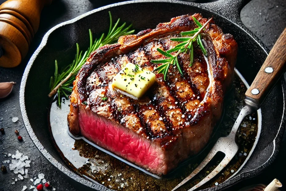 Perfectly cooked ribeye steak on a cast iron skillet with a pink medium-rare center, golden-brown crust, and a pat of melting butter, garnished with fresh herbs, on a dark wood surface with cooking props nearby.