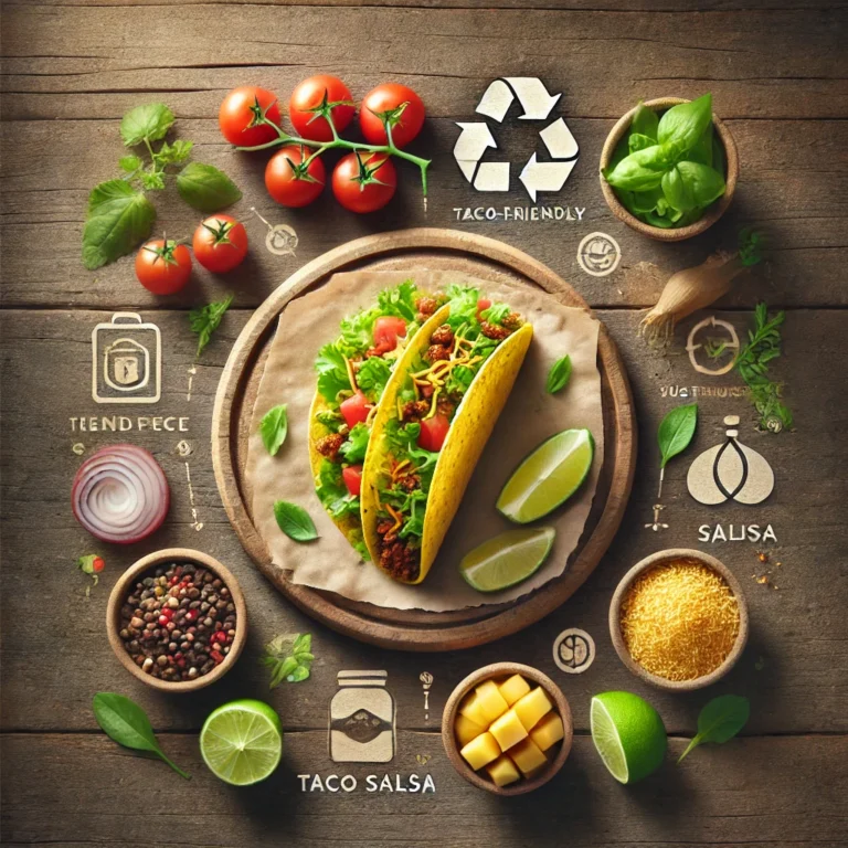 Delicious taco filled with browned ground beef, fresh lettuce, tomatoes, cheese, and mango salsa on a rustic wooden table, surrounded by chopped onions, cilantro, lime wedges, and taco shells, with sustainability icons.