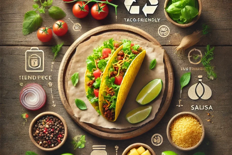 Delicious taco filled with browned ground beef, fresh lettuce, tomatoes, cheese, and mango salsa on a rustic wooden table, surrounded by chopped onions, cilantro, lime wedges, and taco shells, with sustainability icons.